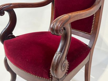 Moulded mahogany armchair with red velvet...