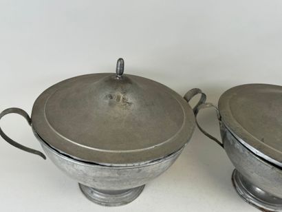 Pair of large covered bowls on metal feet,...
