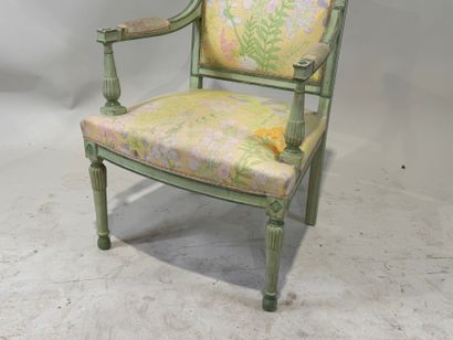 Green lacquered molded wood armchair, floral...