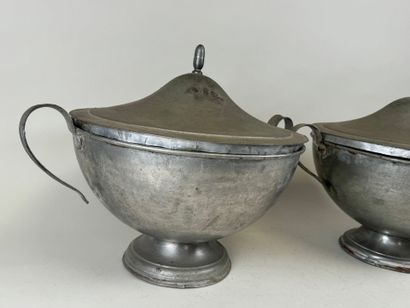 Pair of large covered bowls on metal feet,...
