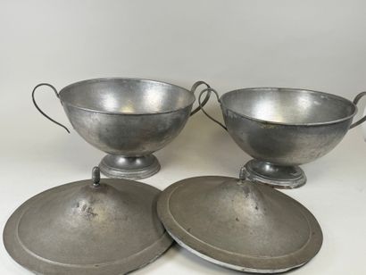Pair of large covered bowls on metal feet,...
