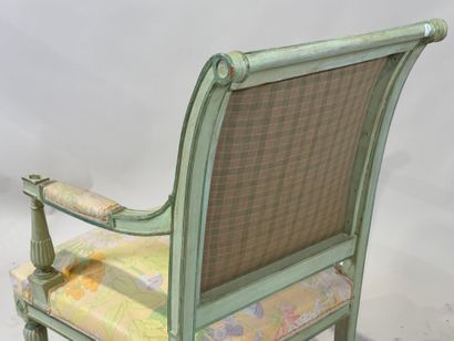 Green lacquered molded wood armchair, floral...