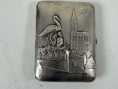 Cigarette box in repoussé silver-plated metal,...