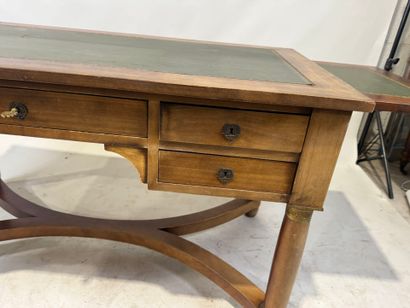 Flat desk in wood and imitation leather opening...
