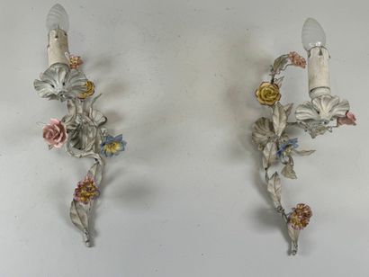 Chandelier and pair of sconces in white lacquered...