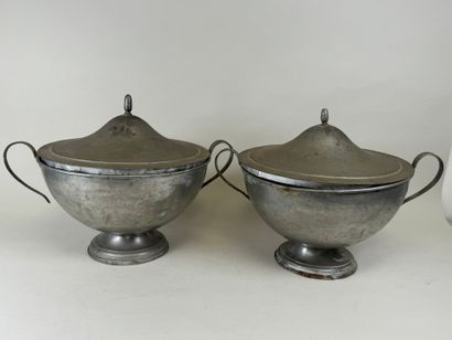 Pair of large covered bowls on metal feet,...