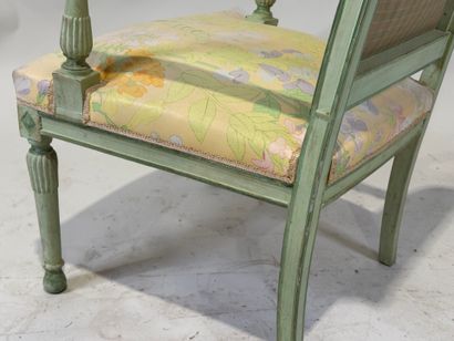 Green lacquered molded wood armchair, floral...