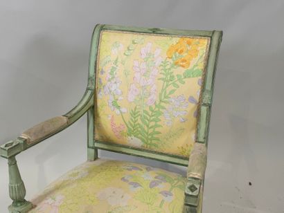 Green lacquered molded wood armchair, floral...