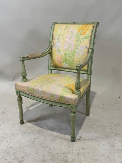 Green lacquered molded wood armchair, floral...
