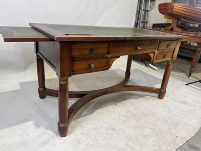Flat desk in wood and imitation leather opening...