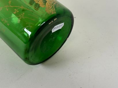Colored glass scroll vase with enameled flowers...