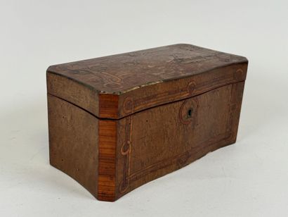 Wooden tea chest, marquetry with foliage...
