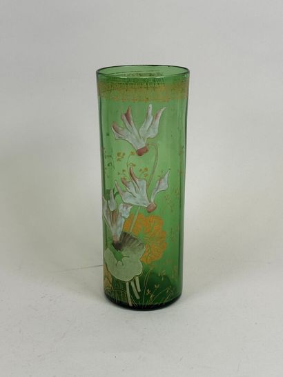 Colored glass scroll vase with enameled flowers...