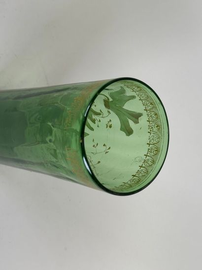 Colored glass scroll vase with enameled flowers...
