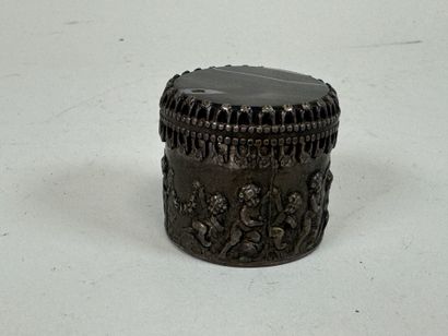 Small cylindrical silver-plated box with...