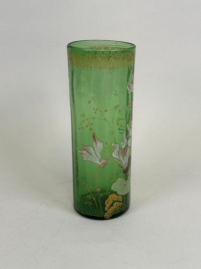 Colored glass scroll vase with enameled flowers...