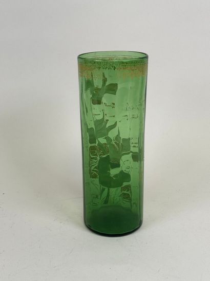 Colored glass scroll vase with enameled flowers...