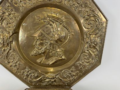 Pair of octagonal repoussé brass dishes with...