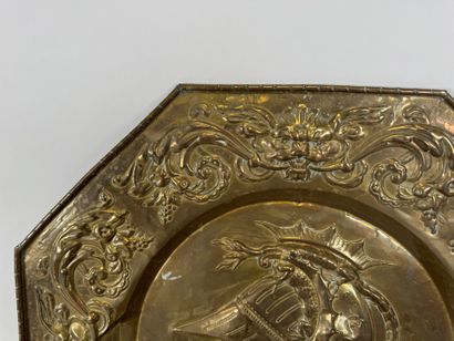Pair of octagonal repoussé brass dishes with...