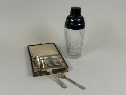 Molded glass shaker, silver-plated metal...
