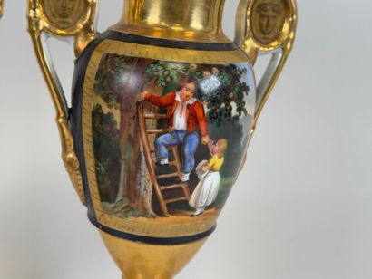 Pair of baluster vases on pedestal in polychrome...