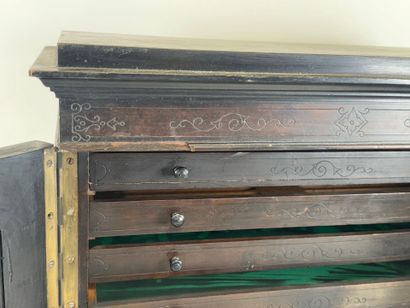 Small cabinet in blackened wood opening with...