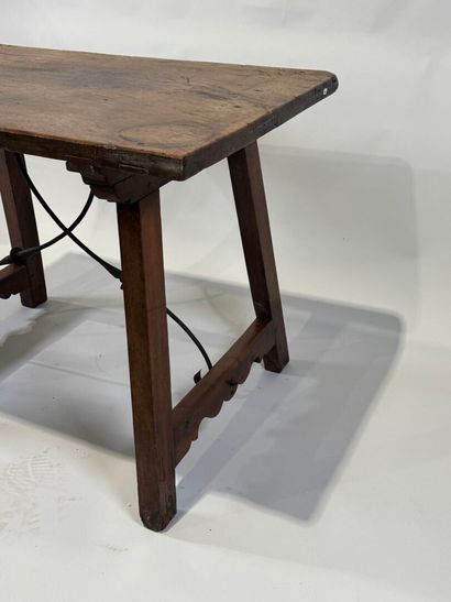 Walnut table with rectangular top, wrought-iron...