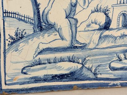 Earthenware stove tile with blue monochrome...