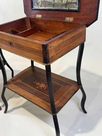 Two working tables in wood and marquetry...