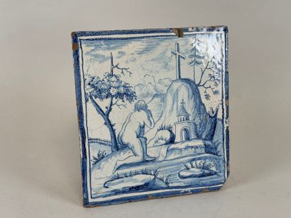 Earthenware stove tile with blue monochrome...