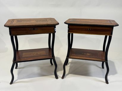 Two working tables in wood and marquetry...