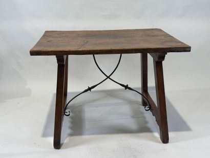 Walnut table with rectangular top, wrought-iron...