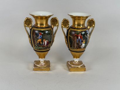 Pair of baluster vases on pedestal in polychrome...