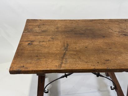 Walnut table with rectangular top, wrought-iron...