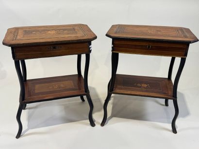 Two working tables in wood and marquetry...