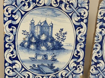 Two earthenware stove tiles decorated with...