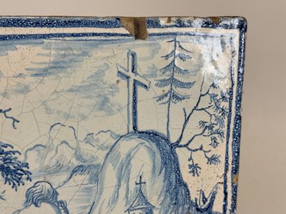 Earthenware stove tile with blue monochrome...