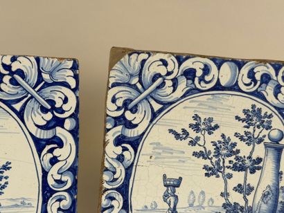 Two earthenware stove tiles decorated with...