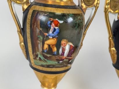 Pair of baluster vases on pedestal in polychrome...