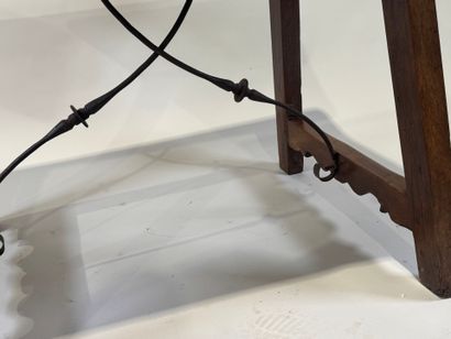 Walnut table with rectangular top, wrought-iron...