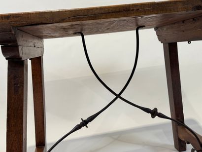 Walnut table with rectangular top, wrought-iron...
