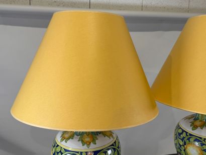 Pair of large polychrome ceramic lamps decorated...