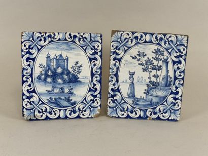 Two earthenware stove tiles decorated with...