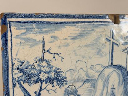 Earthenware stove tile with blue monochrome...