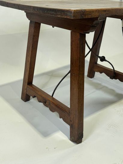 Walnut table with rectangular top, wrought-iron...