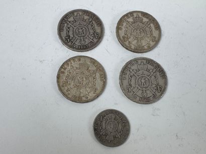 Four Napoleon III 5-franc silver coins and...