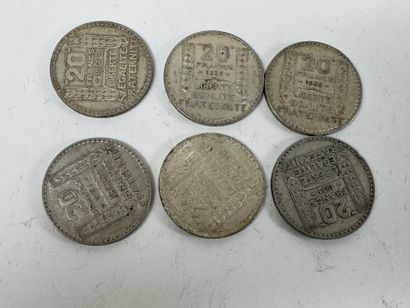 Lot of six 20-franc Turin silver coins.
Weight...