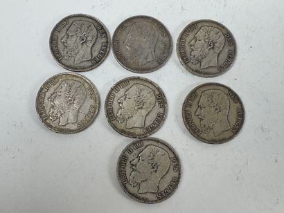 Seven 5-franc silver coins, Leopold II King...