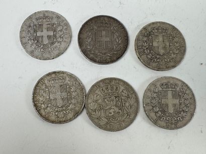 Lot of six 5-franc silver coins from Italy,...