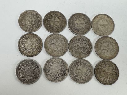 Twelve 5-franc silver Hercules coins, 19th...
